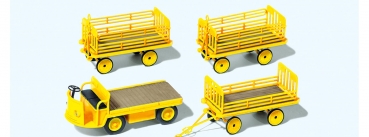 Preiser 17121 Elektrokarre mit 3 Anhängern, gelb, Bausatz