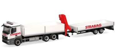 Herpa 320665  Mercedes-Benz Actros M Baustoff-LKW mit Kran und Tieflade-Anhänger "STRABAG"