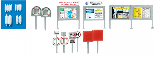 Preiser 17317  Informations-Schaukästen, Rettungsringe, Fender, Schilder Badebetrieb